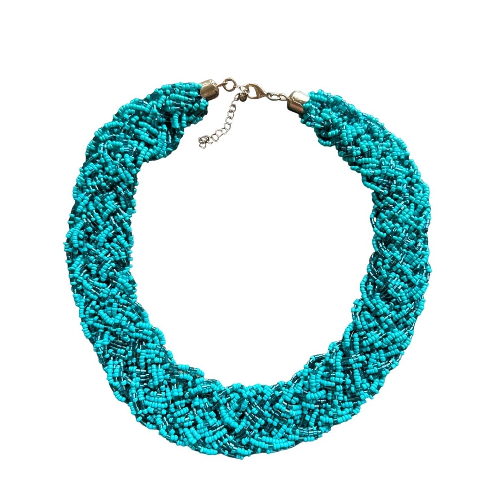 Turquoise Teal Braided Seed Bead Statement Necklace Gold Tone Chunky Wovenā